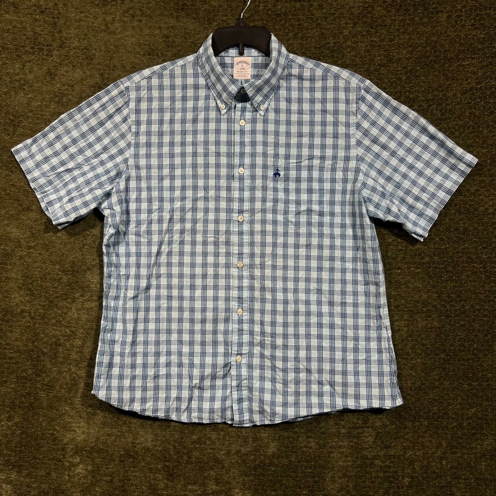 Brooks Brothers Button Down Shirt Mens XL Blue Plaid Regent Fit Short Sleeve